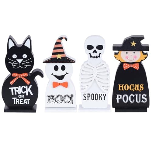 Halloween Decorations Indoor, DECSPAS 4 PCS Wood Blocks Halloween Table Decor, Ghost Black Cat Skull Witch Gothic Tabletop Ornaments, Hocus Pocus Decorations for Home, Tiered Tray, Shelf, Mantel