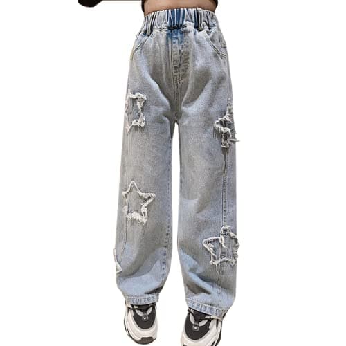 YaYabroe Girls Baggy Jeans Casual Wide Leg Denim Pants Jeans Kids Clothes Size 5-14 Years (Blue Star Patch, 14-16)