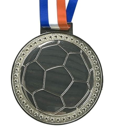 Express Medals Colossal 5 Inch Soccer Medal Award Trophy with Red White and Blue Neck Ribbon, Bright Gold Finish with Star Border Design, DIY Personalization Space