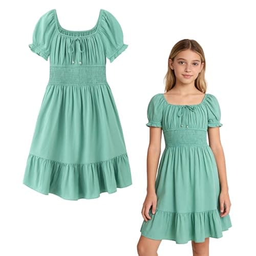 Simplee kids Girls Smocked Dress,Off the Shoulder,Dark Green,4-5T