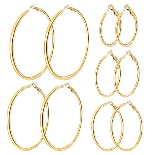 5 Pairs Gold Hoop Earrings for Women, 14K Gold Plated Stainless Steel Hypoallergenic Jewelry Lightweight Large Small Dangle Set