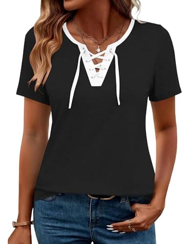 LOMON Womens Short Sleeve Tops and Blouses V Neck T Shirts for Women Spring Tops for Women 2026 Orange Blue Print S
