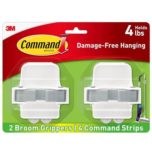 Command Broom Grippers, 2 Hangers and 4 Strips, Damage-Free Mop and Broom Holder Wall Mount, Household Cleaning Tool Organizer for Kitchen, Laundry Room, Closet, Holds up to 4 lb