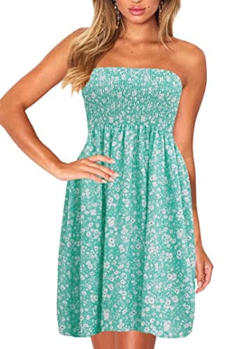 Strapless Tube Dress Beach Swim Coverups Bohemian Elastic Floral Tube Top Dresses Summer Green S