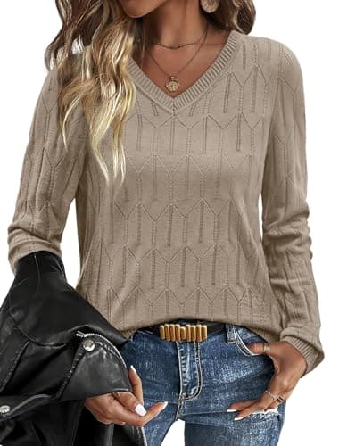 Womens Sweaters Long Sleeve Shirts Spring Tops Business Casual 0utfits Plus Size Winter Clothes Dressy Work Blouses Fall Fashion Khaki M