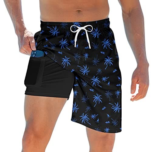 Mens Swim Trunks Board Short Blue Palm Tree 9 Inch Quick Dry Shorts