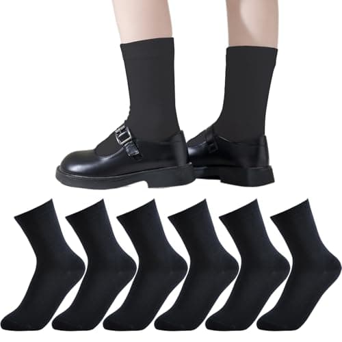 EPEIUS Girls Crew Socks 6-Pack, Cotton Seamless Toe Kids School Uniform Socks, Soft Breathable for Toddler Little Big Girls 11-15 Years All Black