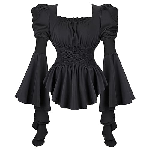 Parlsdy Women's Renaissance Blouse Long Sleeve Peasant Costume Top Black