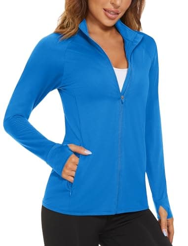 MAGCOMSEN Lightweight Long Sleeve Shirt Jacket for Women UPF 50+ Sun Protection Hiking Fishing Shirts Full Zip Workout Shirts Blue Green M