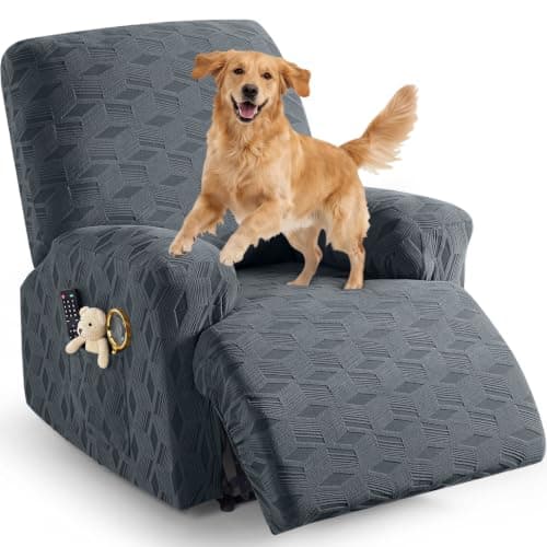 TAOCOCO Recliner Cover 3 Pieces Recliner Chair Covers, Stretch Jacquard Reclining Chair Cover, Furniture Protector Sofa Slipcovers Couch Covers with Elastic Bottom for Kids, Pets (Dark Grey)