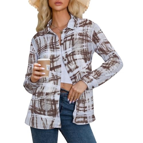 Esabel.C Womens Button Down Flannel Shirts Long Sleeve Distressed Regular Fit Plaid Fall Shirt Casual Work Tops,Purple/Brown,H12539-2,XXL