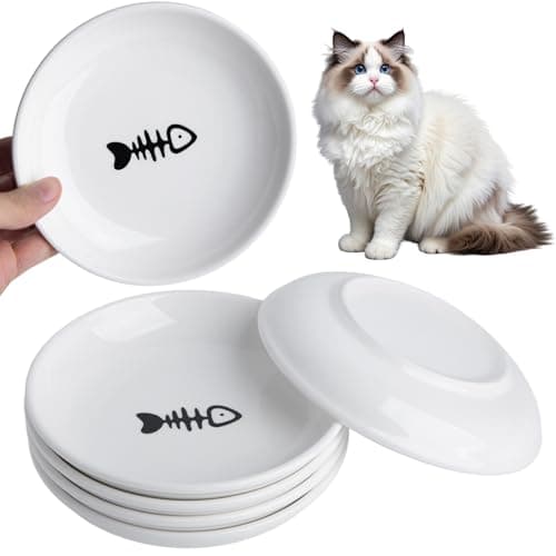 KITCHENLESTAR Cat Food Bowl Set of 6, Ceramic Cat Bowls, Anti Whisker Fatigue Cats Bowl Set,5.9 Inches Shallow Wide Kitten Plates for Wet/Dry Food, Indoor Pets (Fish Bone)