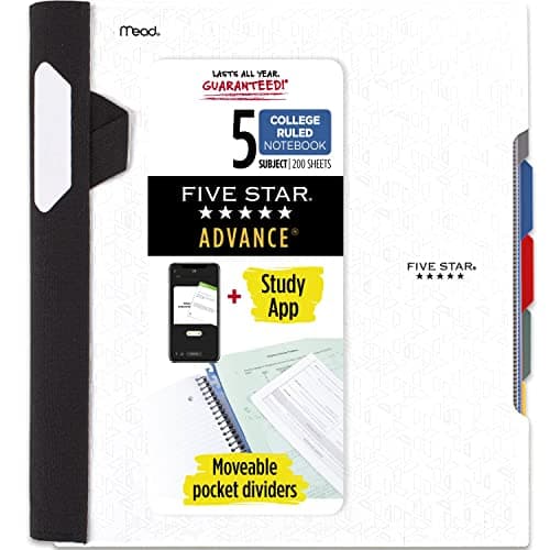 Five Star Advance Spiral Notebook + Study App, 5 Subject, College Ruled Paper, 8-1/2" x 11", 200 Sheets, Spiral Guard, Movable Tabbed Dividers, White (73154)