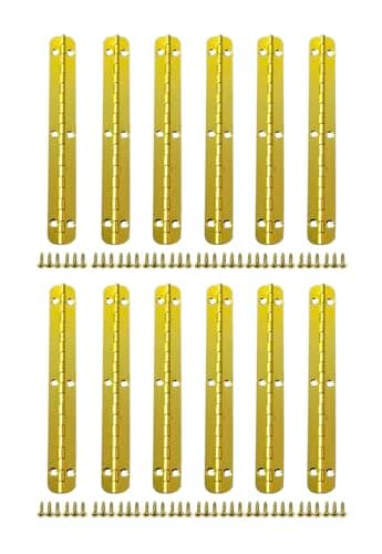 QCAA Solid Brass 180 Degree Small Piano Hinge Wooden Jewery Box Hinge, Cabinet Closet Hinge, 3.86" x 0.5", Vibrated Brass with Lacquered, 12 Pack, Made in Taiwan