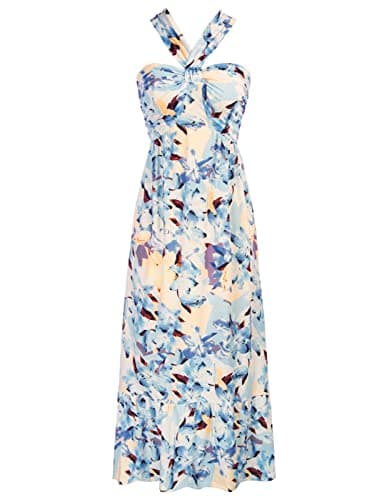 GRACE KARIN 2025 Summer Women's Criss Cross Halterneck Sleeveless Floral Print Flowy A Line Maxi Dress Floral White Blue S