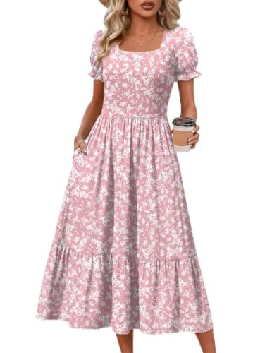 Zeagoo Midi Dresses for Women Summer Sundresses with Pockets Short Sleeve A Line Dresses M