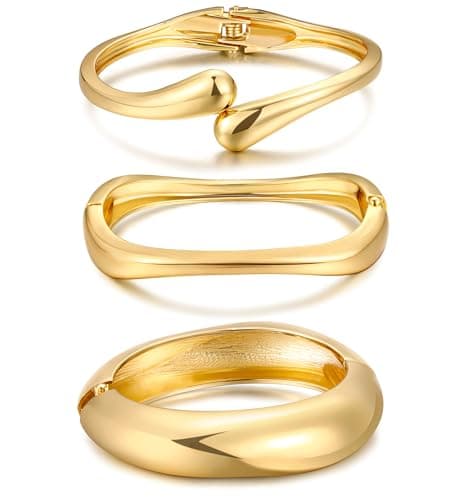 Chunky Gold Bangle Bracelets for Women, Dainty 14k Gold Plated Big Stackable Bangles Set, Trendy Cuff Bracelet Stack Non Tarnish Summer Beach Jewelry Valentines Gifts for Wife Mom
