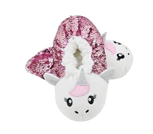 Panda Bros Kid's Animal Slipper Socks, Cartoon Cozy Fleece Indoor Slipper, Fluzzy Warm bedroom Shoes(Sequin Unicron, 12.5M-13.5M US Little Kid)