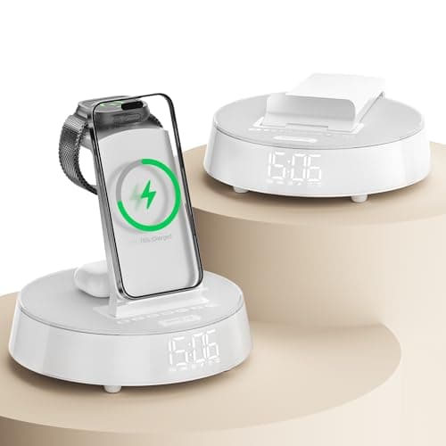 Alarm Clock with Wireless Charging Station, Clock for Bedroom with Night Light Bluetooth Speaker, Wireless Charger Dock Station for iPhone 17 16 15 14 13 12 Pro Max, Apple Watch 11, AirPods 3 (White)