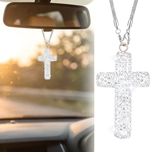Bling Car Rear View Mirror Accessories Pendant Charm,Cross Crystal Rhinestone for Car Mirror Hanging,Double-Sided Cross Diamond Christian Religious,Car Accessories for Women(Silver)