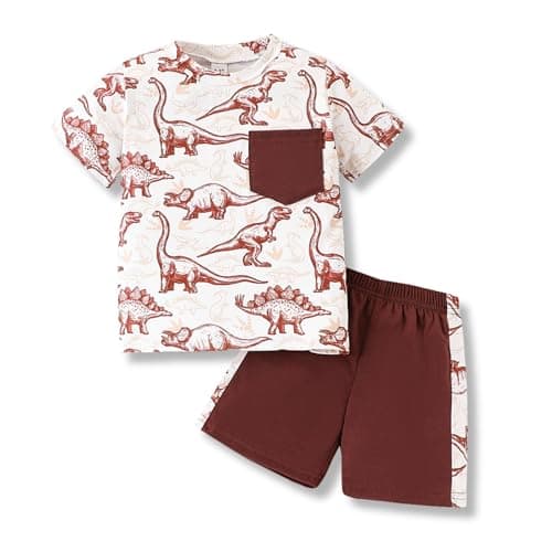 Klyatpxoen 3 4 T Toddler Baby Boy Summer Clothing Set Short Sleeve T Shirt Top Shorts 2 Pcs Dinosaurs Outfits Set Brown (3-4T)