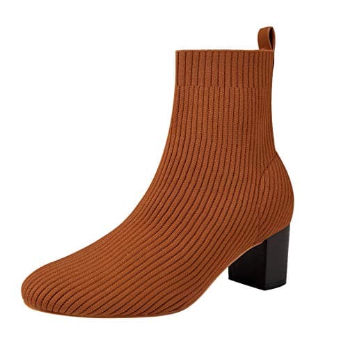 GATUXUS Women's Glove Chunky Mid Heel Ankle Boots Pointed Toe Knit Sock Style Booties Casual Warm Shoes (Brown, numeric_7)