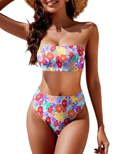 YACUN Women Strapless Bandeau High Waist Two Piece Bikini Set Multiflor S