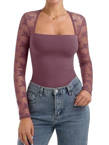 PINKMSTYLE Lace Tops for Women Cute Square Neck Double Lined Long Sleeve Fall Shirts Sheer Mesh Going Out Party Top Mauve Red Medium