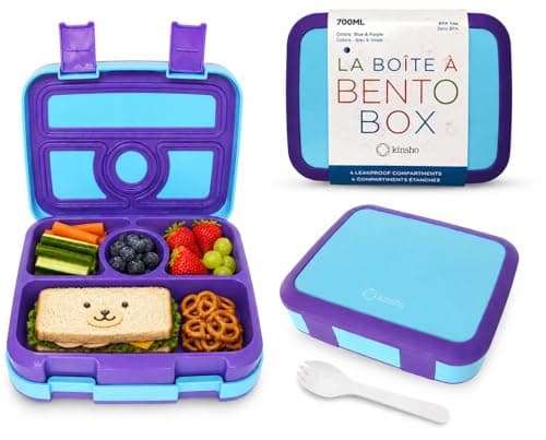 kinsho Bento Lunch Box for Kids Toddlers, 4 Portion Sections Secure Lid, Microwave Safe BPA Free Removable Tray, Pre-School Kid Daycare Lunches Snack Container Ages 3 to 5 Blue Purple