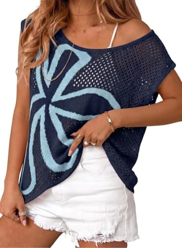 Dokotoo Off the Shoulder Tops Beach Knit Floral Sweater Top Blue XXL