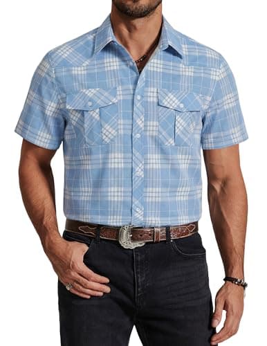 COOFANDY Men's Western Cowboy Short Sleeve Casual Plaid Work Shirts for Mens Button Down Shirt