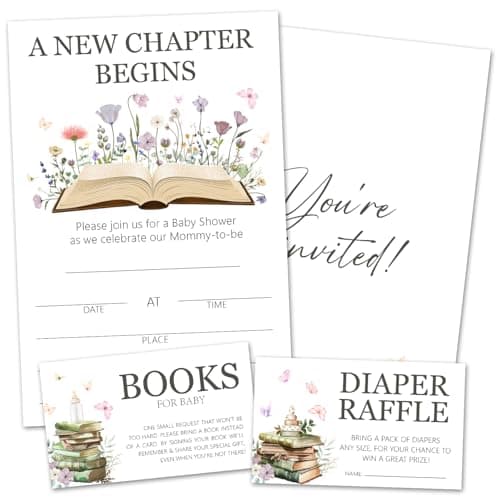 Set of 25 A New Chapter Begins Baby Shower Invitations for Girl & Boy, Book Theme Gender Reveal Party Invites With Envelopes, Including Book Request Cards & Diaper Raffle Tickets Party Supplies-15