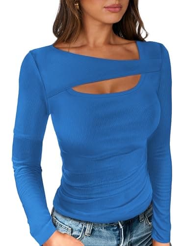 ANRABESS Womens Ribbed Cutout Long Sleeve Shirts Blue Small