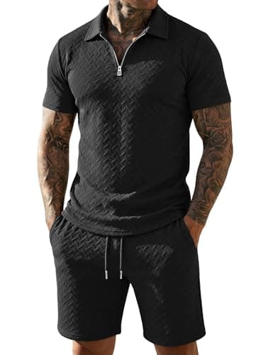 URRU Mens Textured Polo Shirt and Shorts Sets Outfits 2 Piece Summer Tracksuits Casual Quarter Zip Golf Polo Shirts Black L