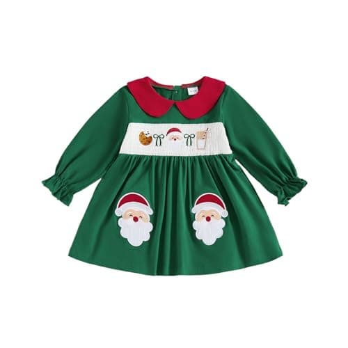 BULINGNA Toddler Baby Girl Christmas Santa Dress Long Sleeve Doll Collar Kids Smocked Christmas Dress Fall Winter Clothes (Green, 12-18 Months)