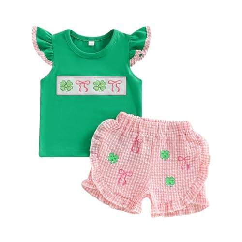 Honganda 2Pcs Baby Girl Boy St. Patrick's Day Clothes Short Sleeve Shamrock T-shirt Tops + Plaid Shorts Summer Outfit Set (Pink, 6-12 Months)
