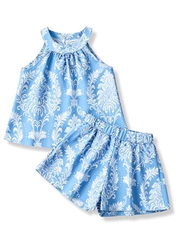 Klyatpxoen Toddler Girl Clothes 3T 4T Floral Halter Neck Sleeveless Top and Short Pants 2 Piece Clothing Set Girl Summer Outfits Light Blue Size 3-4