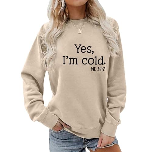 BLACKMYTH Women Graphic Cute I'm Cold Sweaters Drop Shloulder Sweatshirts Apricot Large