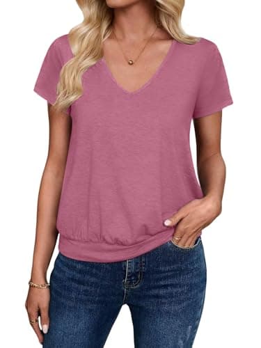 Sialois Womens Tops Short Sleeve Shirts Dressy Casual Blouses Banded Bottom V Neck Fashion Trendy Cute Tunics Outfits Beach Vacation Travel Essentials Tunic 2026 Tees Spring Summer Clothes,Rose,L