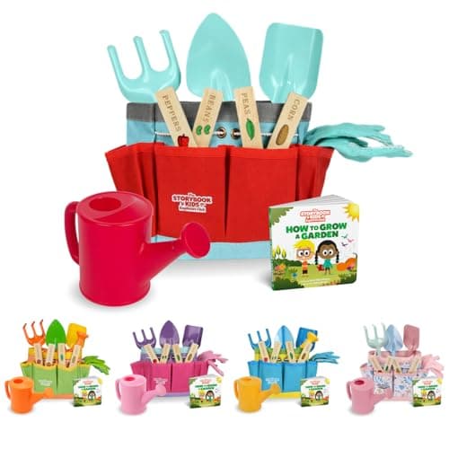 Kids Gardening Set – Toddler Gardening Kit Includes Watering Can for Kids, Shovel, Rake, Plant Stakes, Kids Gardening Gloves, Tote Bag & STEM Learning Gardening Guide Book - Garden Tool Set RED