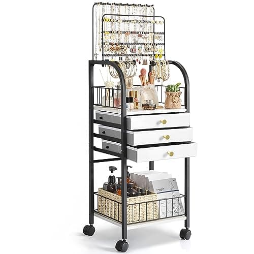 Keebofly Large Floor Jewelry Organizer Stand with 3 Drawers - Black