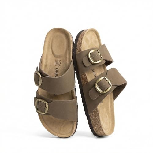 DREAM PAIRS Women's Slides Soft Genuine Footbed Sandals Comfortable Adjustable Double Buckle Slip-on Flat Sandals with Arch Support Frame Dual Slippers for Summer 2026,Size 8,Brown,SDSS26004W