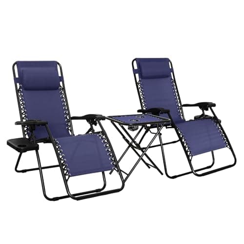 Amazon Basics Outdoor Adjustable Zero Gravity Folding Reclining Lounge Chair with Cup Holder, Headrest Pillow, Detachable Side Table, Weather Resistant, Set of 2, Blue