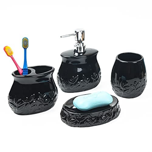 FORLONG Ceramic Embossed Leaves Bathroom Accessories Set, 4 Piece Bathroom Ensemble Set with Toothbrush Holder, Toothbrush Cup, Soap Dispenser, Soap Dish(Black)