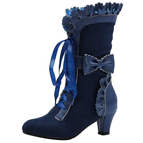 LanreyTaley Women Sweet Bow Boots Mid Heels Lace Up Moccasin Boot Mid Calf Lolita Slouch Boots Ruffle Boots Blue Size 46 Asian