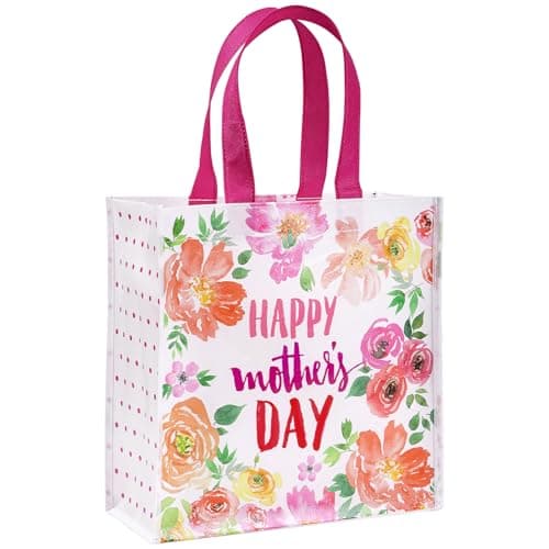 Loveinside 10" Large Mother's Day Reusable Gift Bag, Watercolor Floral Happy Mother’s Day Design, Recycled Party Favor Gift Bag with Handles for Mom, Grandma, Wife, Holiday, 10" x 5" x 10", 1 Pcs