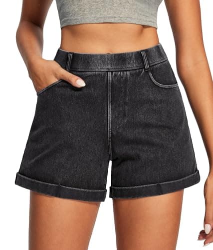 IUGA Stretchy Baggy Jean Shorts Womens Pull On Denim Shorts Women High Waisted Tummy Control Jorts Summer Casual with Pocket(Gray, XL)