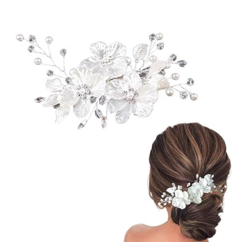 LOHGOU Wedding Party Flower Pearl Hair Comb for Women Girls, Floral Crystal Bridal Side Combs Wedding Hair Pin Hairpieces (Silver)