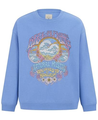 Billabong Girls' Long Sleeve Pullover Crewneck Sweatshirt, Soft French Terry Fleece, Relaxed Oversized Fit, Blue Mystic, Medium