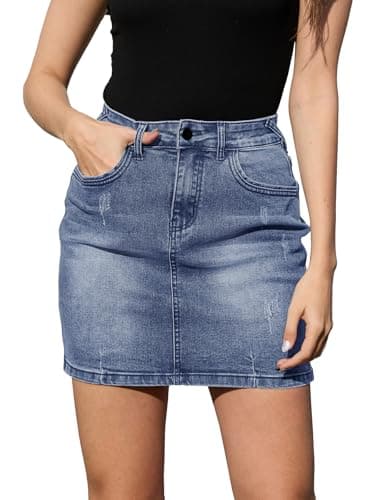 HERBATOMIA Women’s Jean Short Blue Skirt Bodycon High Waisted Stretchy Casual Mini Denim Skirts for Women with Pocket